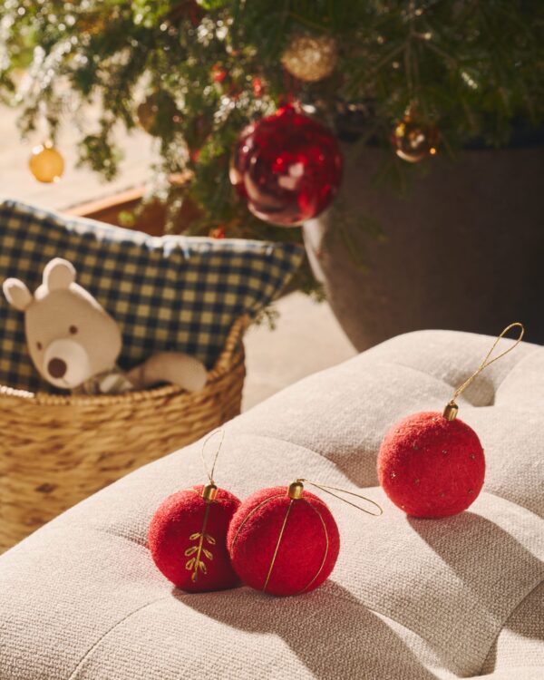 Set Breshi de 3 bolas colgantes decorativas pequeñas rojo y detalles dorados
