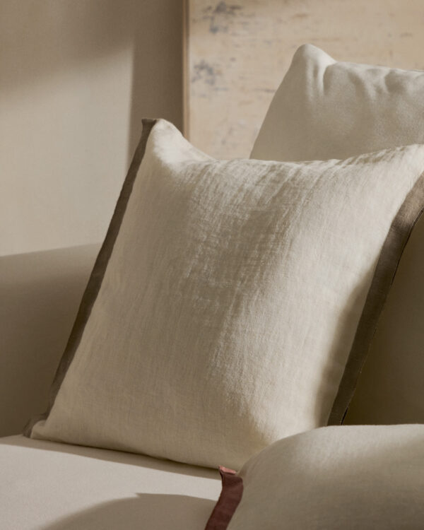Funda de cojín Suerta 100% lino blanco y beige 50 x 50 cm