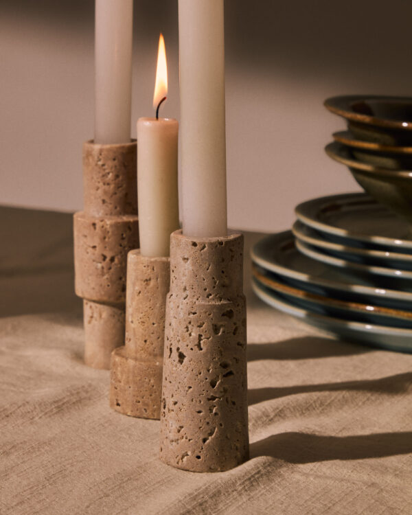 Set Majid de 3 candelabros de travertino beige