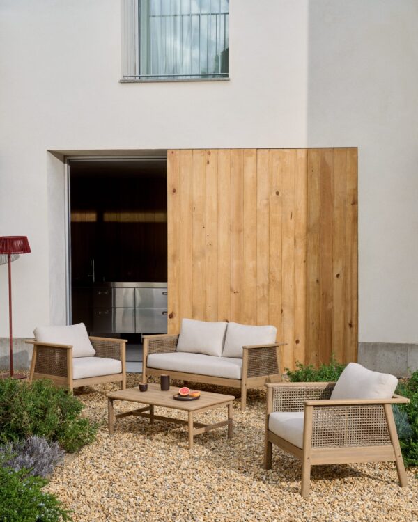 Set Alabe de sofá de 2 plazas, 2 sillones y mesa de centro de madera de acacia FSC 100%