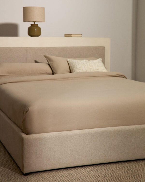 Cama con canapé abatible Nahiri chenilla beige para colchón de 150 x 200 cm