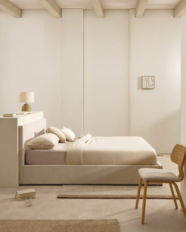 Cama con canapé abatible Nahiri chenilla beige para colchón de 160 x 200 cm