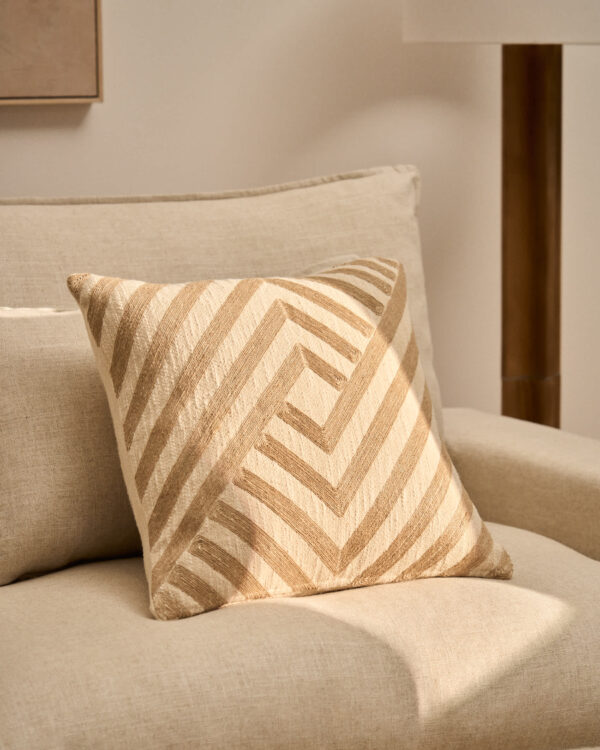 Funda de cojín Silume de algodón color crudo con bordado en yute beige 45 x 45 cm