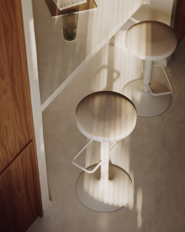 Taburete Zaib de chenilla beige y acero blanco mate altura 63-84 cm FSC 100%