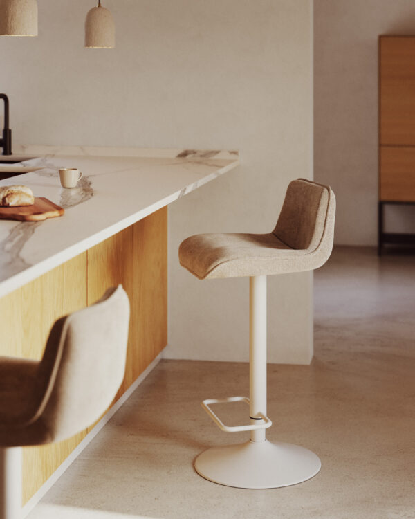 Taburete Zenda de chenilla beige y acero blanco mate 81-102 cm FSC 100%