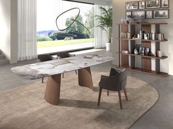 Mesa comedor extensible ovalada barril mármol porcelánico y nogal