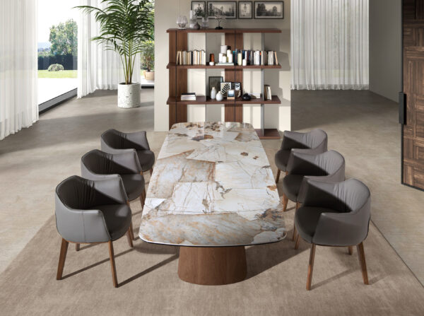 Mesa comedor extensible ovalada barril mármol porcelánico y nogal