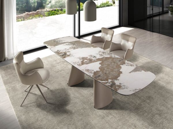 Mesa comedor extensible ovalada barril mármol porcelánico y acero taupé metalizado