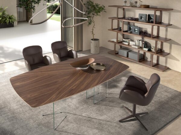 Mesa comedor ovalada barril nogal y cristal templado