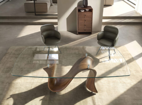 Mesa comedor ovalada barril cristal templado y nogal