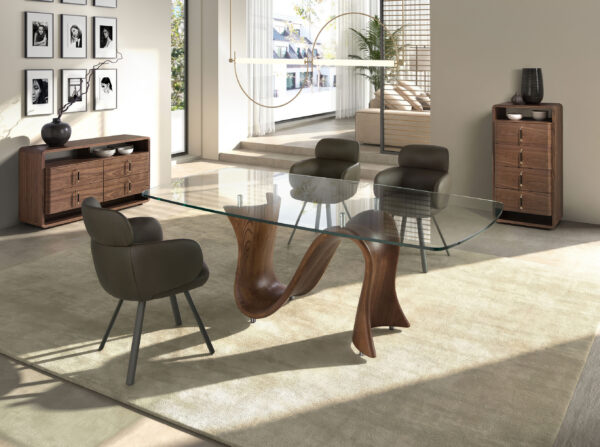 Mesa comedor ovalada barril cristal templado y nogal