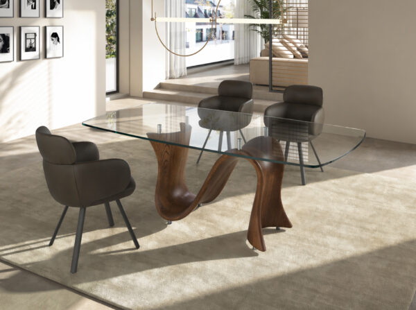Mesa comedor ovalada barril cristal templado y nogal