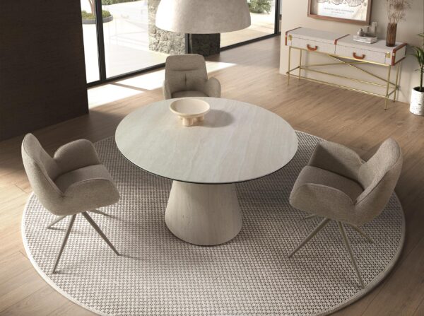 Mesa comedor redonda mármol porcelánico y madera revestida con lámina de mármol porcelánico flexible