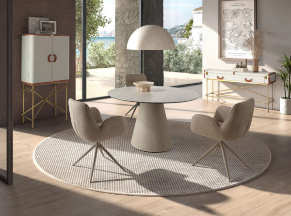 Mesa comedor redonda mármol porcelánico y madera revestida con lámina de mármol porcelánico flexible