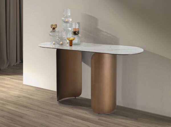 Consola ovalada medio punto mármol porcelánico y acero color bronce