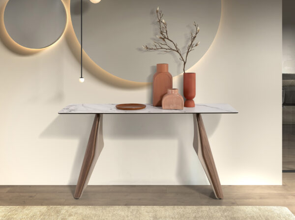 Consola rectangular mármol porcelánico, acero arena metalizado y nogal