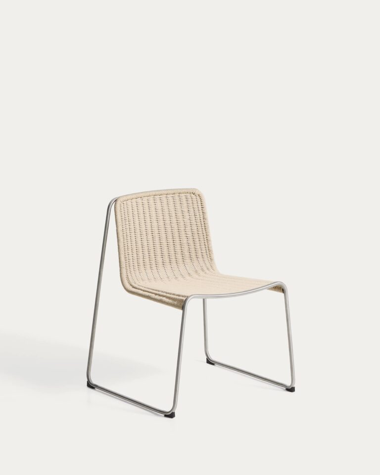 Silla apilable Tavari de cuerda sintética beige y acero inoxidable AISI 304 efecto cepilla