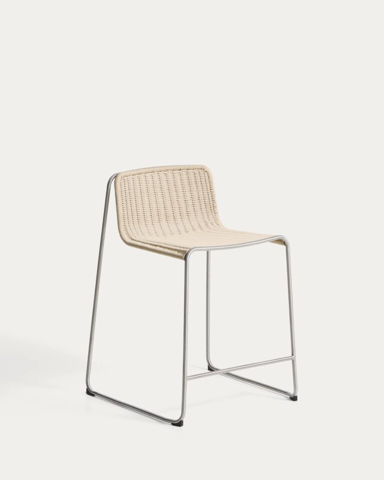 Taburete apilable Tavari de cuerda sintética beige y acero inoxidable AISI 304 efecto cepi