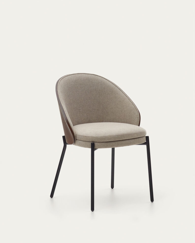 Silla Eamy de chenilla marrón claro chapado en fresno con acabado nogal y metal negro