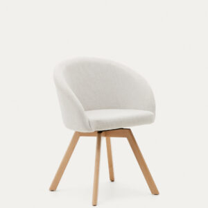 Silla giratoria Marvin chenilla beige y patas de madera maciza de haya acabado natural FSC