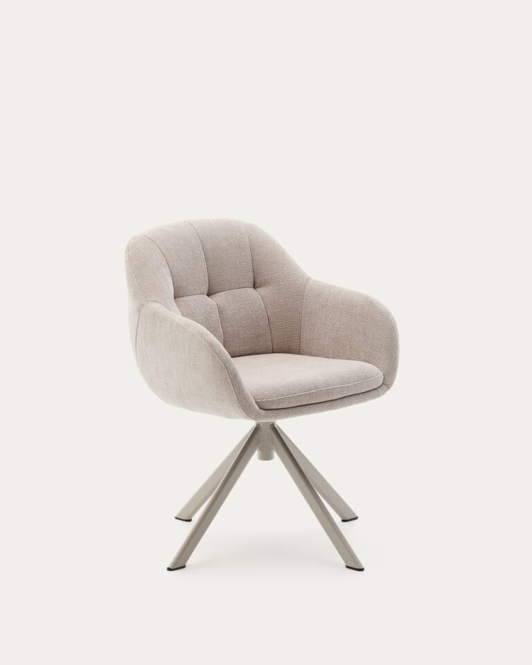 Silla giratoria Dorina de chenilla beige y patas de acero con acabado beige