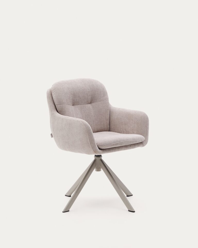 Silla giratoria Lexa de chenilla beige y patas de acero con acabado beige