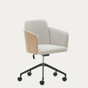 Silla de escritorio Madai de chenilla beige y chapa de fresno con acabado tono natural FSC