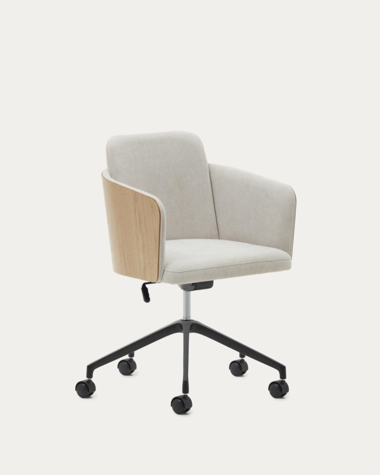Silla de escritorio Madai de chenilla beige y chapa de fresno con acabado tono natural FSC