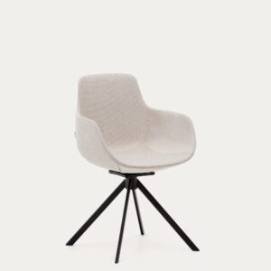 Silla giratoria autoretorno Tissiana de chenilla beige y acero negro mate