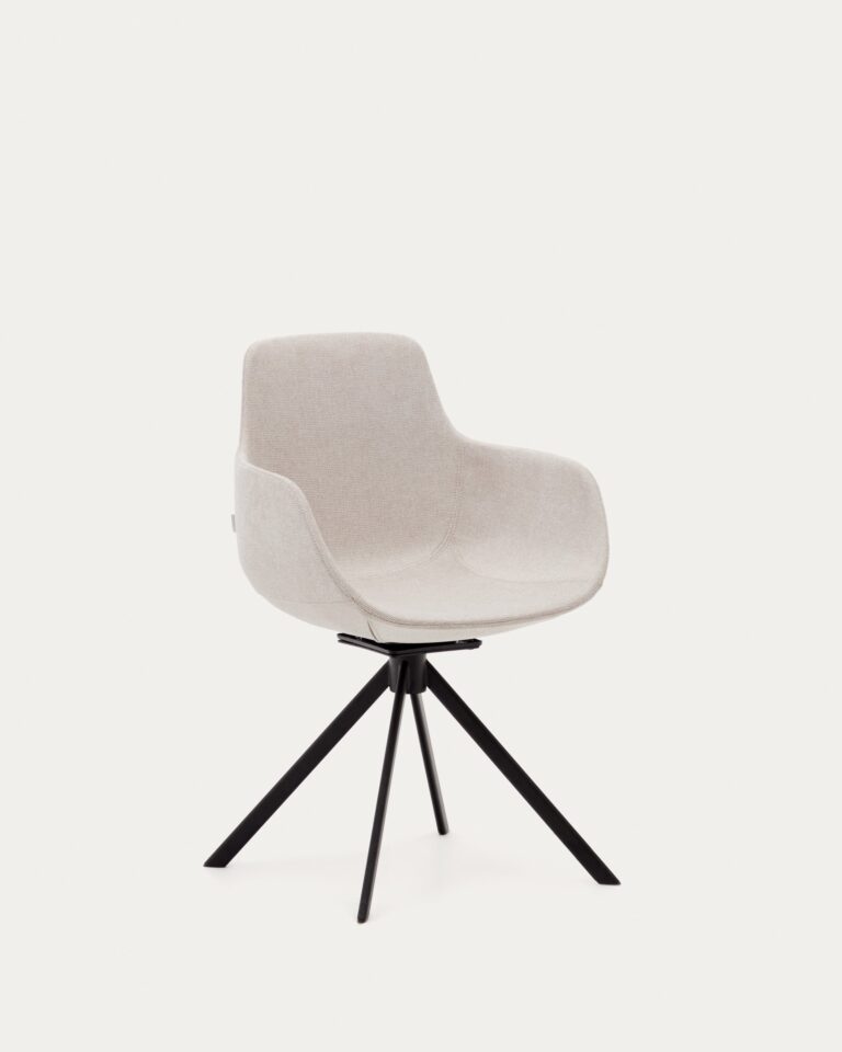 Silla giratoria autoretorno Tissiana de chenilla beige y acero negro mate