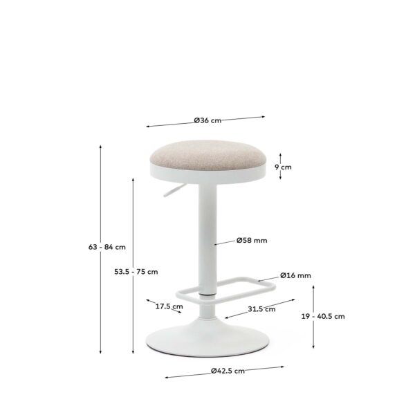 Taburete Zaib de chenilla beige y acero blanco mate altura 63-84 cm FSC 100%