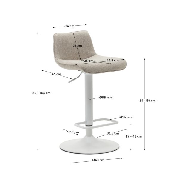 Taburete Zenda de chenilla beige y acero blanco mate 81-102 cm FSC 100%