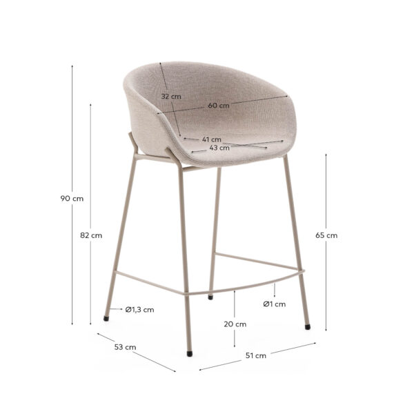 Taburete Yvette de chenilla beige y patas de acero con acabado beige altura 65 cm