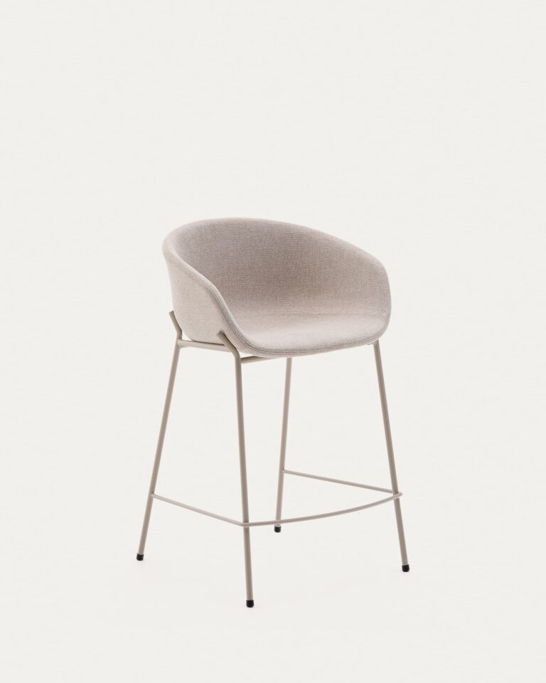 Taburete Yvette de chenilla beige y patas de acero con acabado beige altura 65 cm