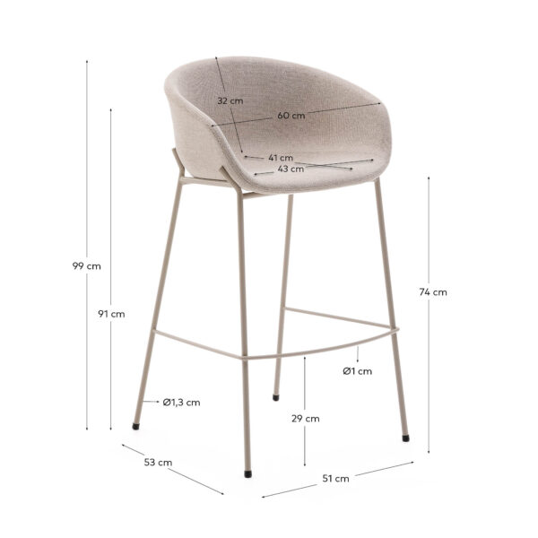Taburete Yvette de chenilla beige y patas de acero con acabado beige altura 75 cm
