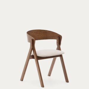 Silla Godia de chapa de fresno con acabado wengué y chenilla beige