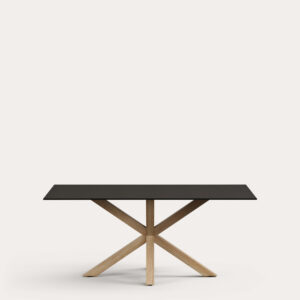 Mesa Argo de cristal negro y patas de acero con acabado madera 180x100 cm