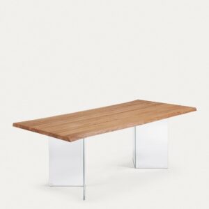 Mesa Lotty de chapa de roble con acabado natural y patas de cristal 220 x 100 cm
