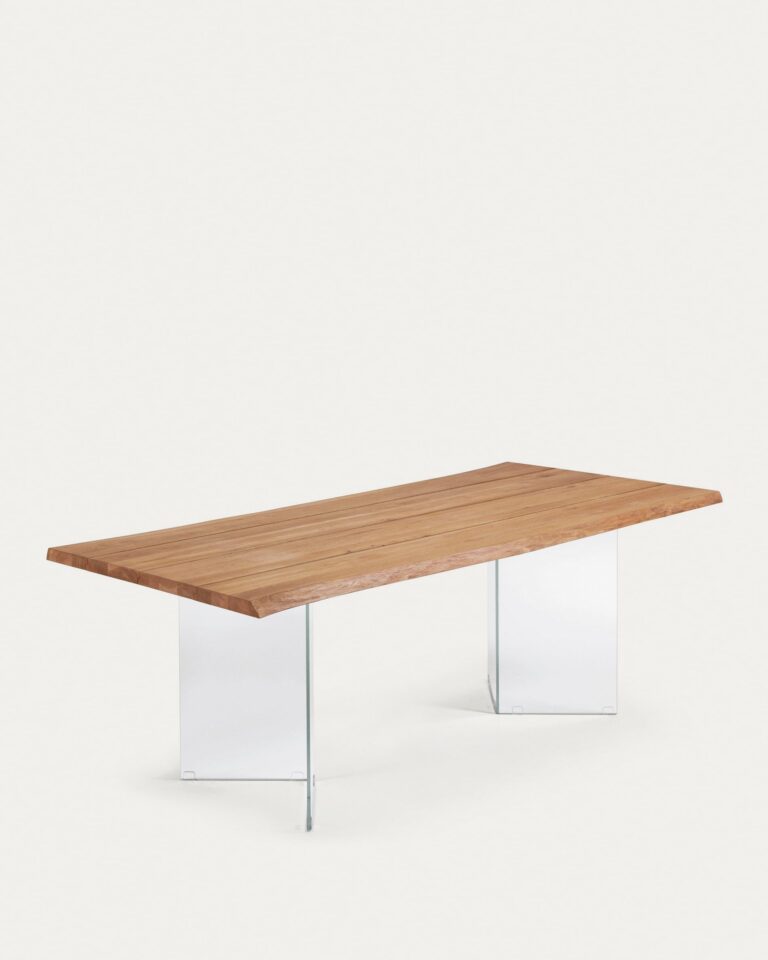 Mesa Lotty de chapa de roble con acabado natural y patas de cristal 220 x 100 cm