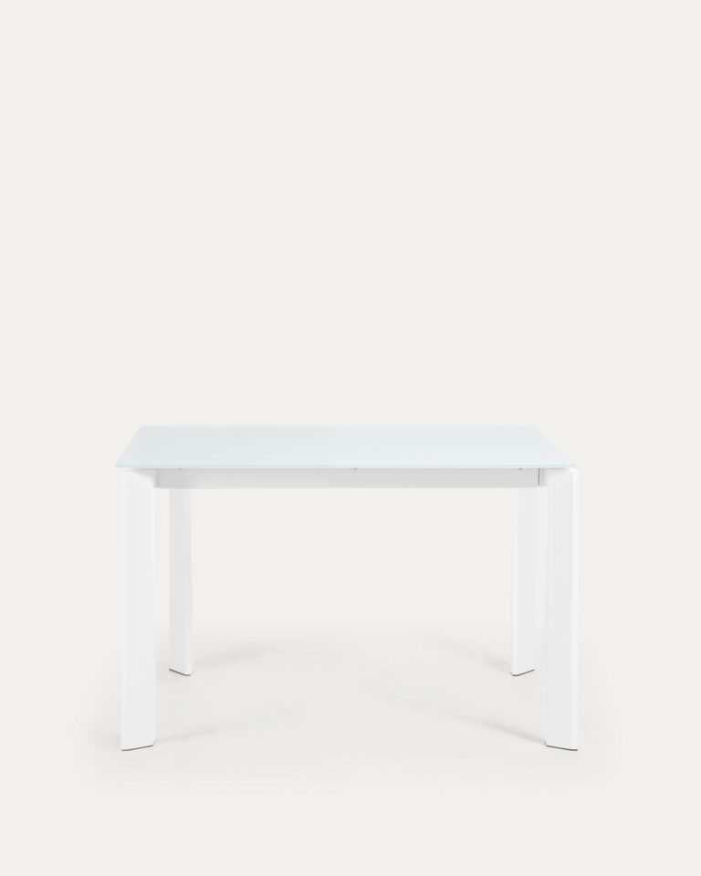 Mesa extensible Axis de cristal blanco y patas de acero acabado blanco 120 (180) cm