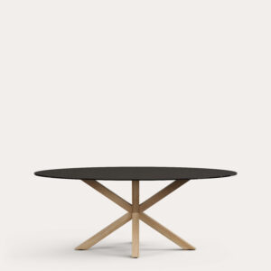 Mesa ovalada Argo de cristal negro mate y patas de acero efecto madera Ø 200 x 100 cm