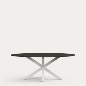 Mesa ovalada Argo de cristal negro mate y patas de acero con acabado blanco Ø 200 x 100 cm