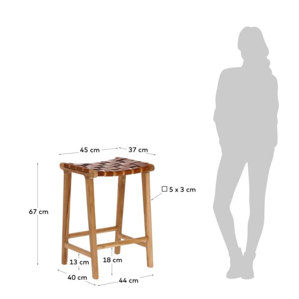 Taburete Calixta de piel y madera maciza de teca con acabado natural 67 cm