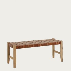 Banco Calixta de piel y madera maciza de teca con acabado natural 120 cm
