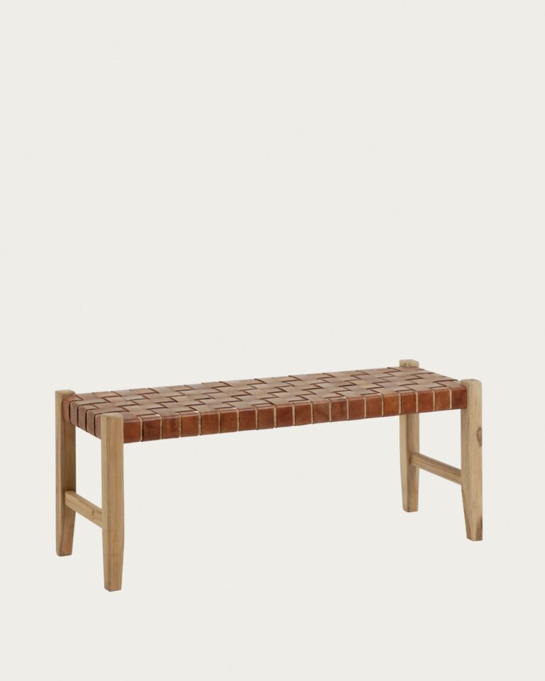 Banco Calixta de piel y madera maciza de teca con acabado natural 120 cm