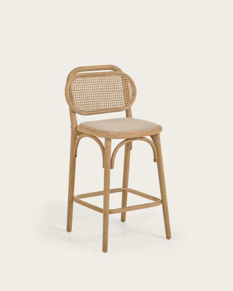 Taburete Doriane madera maciza roble acabado natural y asiento de tela 65cm FSC Mix Credit