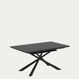 Mesa extensible Theone de cristal y patas de acero acabado negro 160 (210) x 90 cm