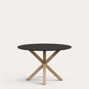 Mesa redonda Argo de cristal negro mate y patas de acero efecto madera Ø 120 cm