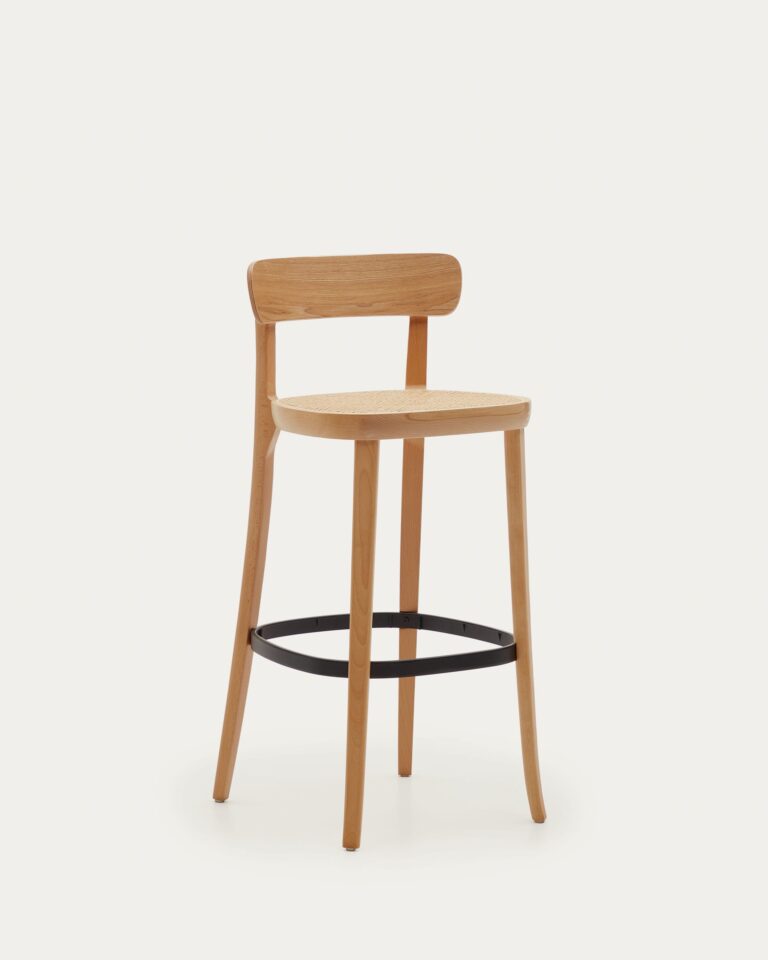 Taburete Romane de madera de haya acabado natural y chapa de fresno y ratán altura 75 cm