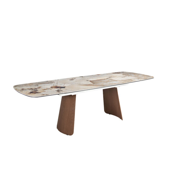 Mesa comedor extensible ovalada barril mármol porcelánico y nogal